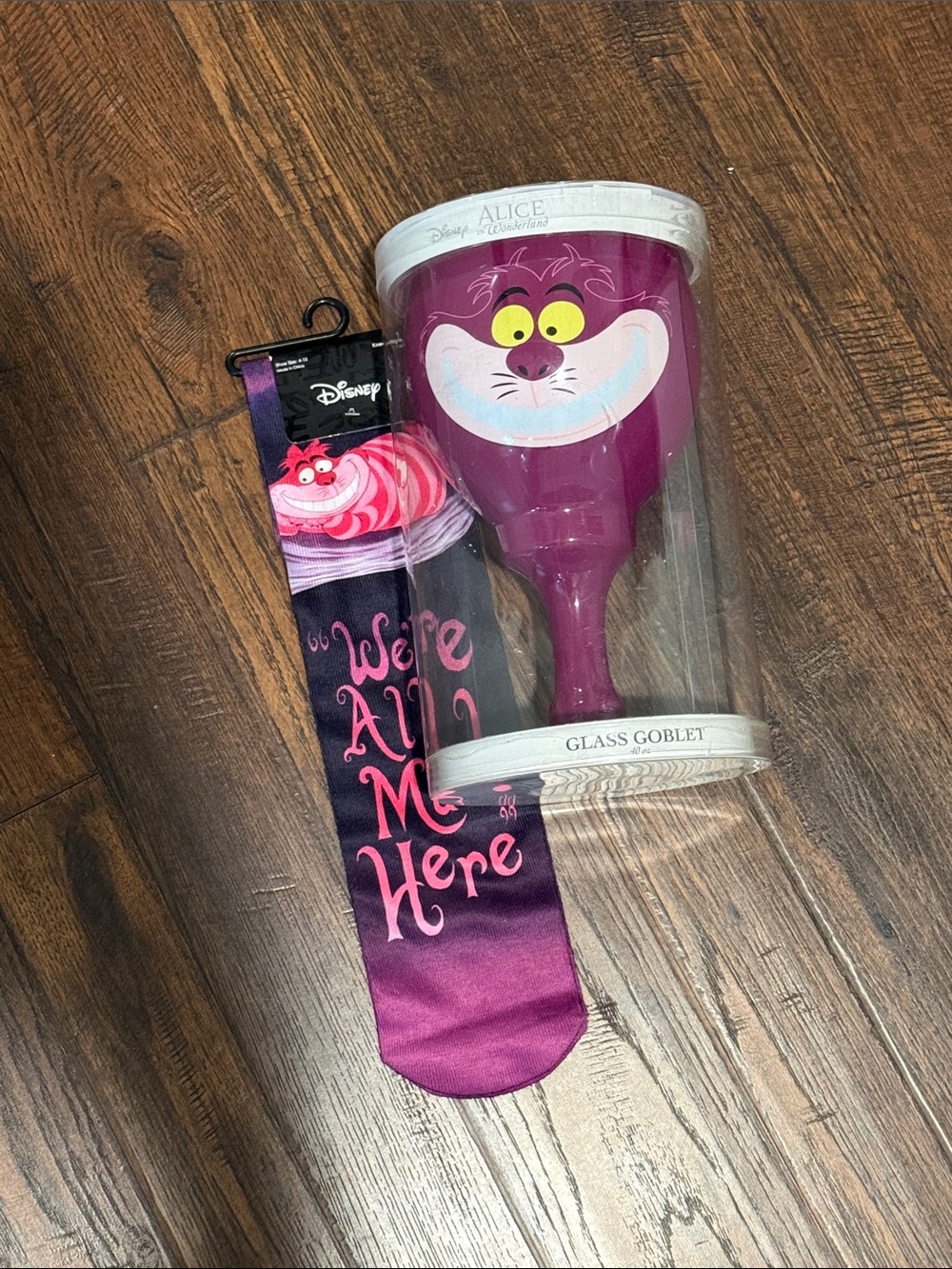Disney Purple Cheshire Cat Glass Goblet with Matching Socks